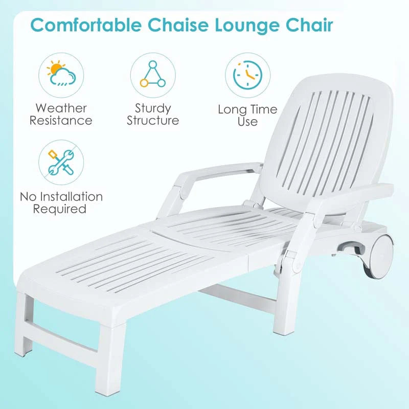 Folding Plastic Outdoor Chaise Lounge Chair With Wheels, 6-Position, 65.5 x 29 x 16.5-37 in, 330 lbs