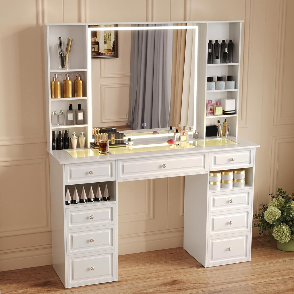 Vanity Desk With Mirror And Lights, Glass Top, 9 Drawers, White