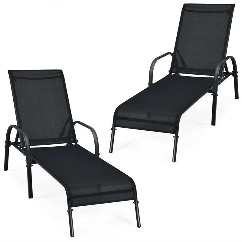 Fabric Folding Outdoor Chaise Lounge Chairs, 2 Pcs, 5 Position