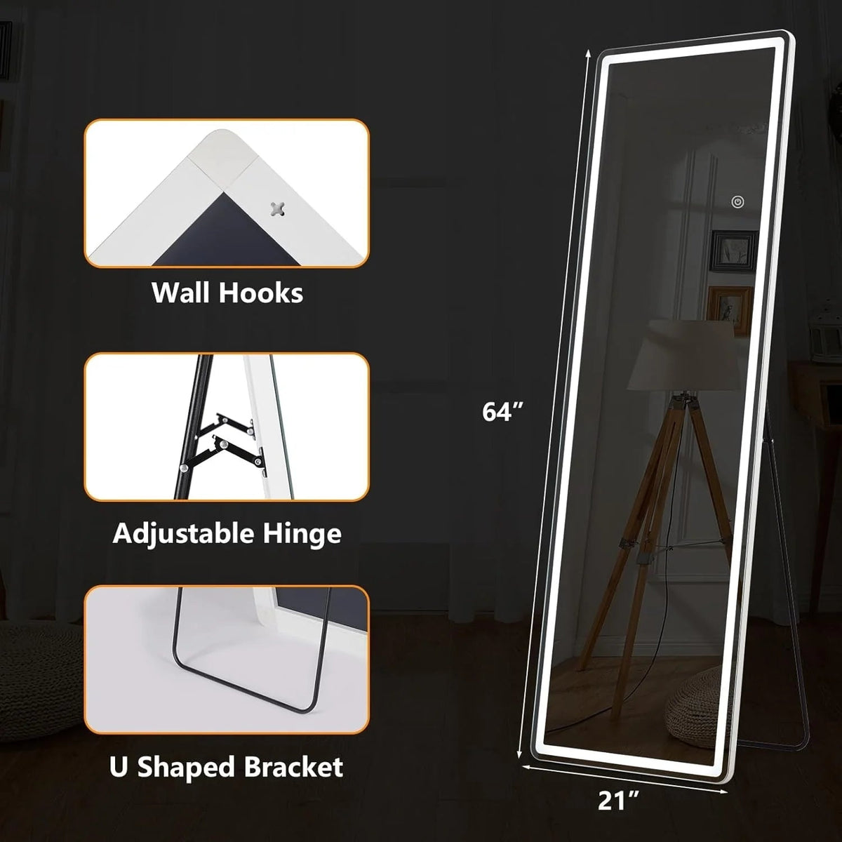LED Full-Length Floor Mirror With Stand, 64 x 21 Inch