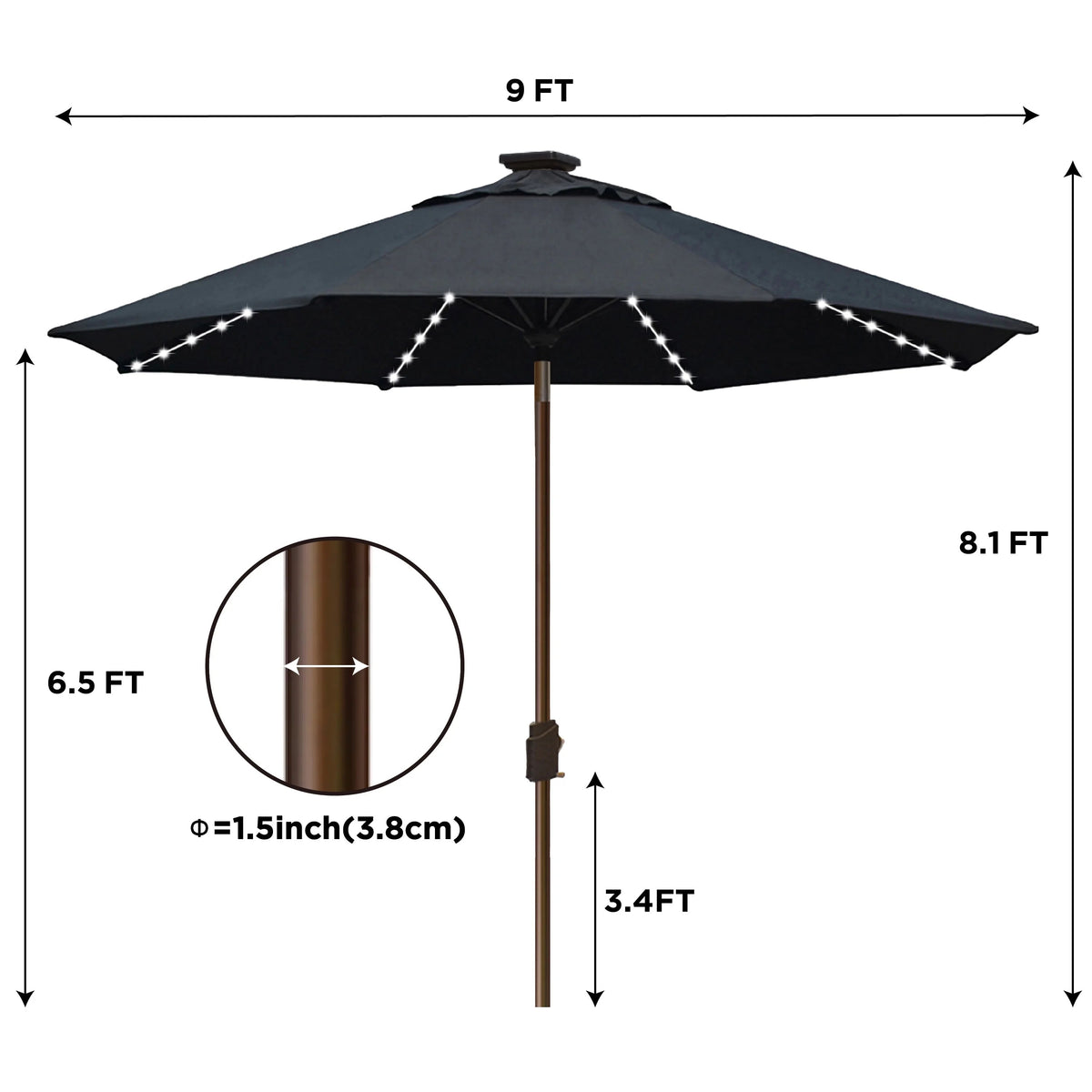 EliteShade 9ft Market Patio Umbrella With 80 LED Lights, Ruby
