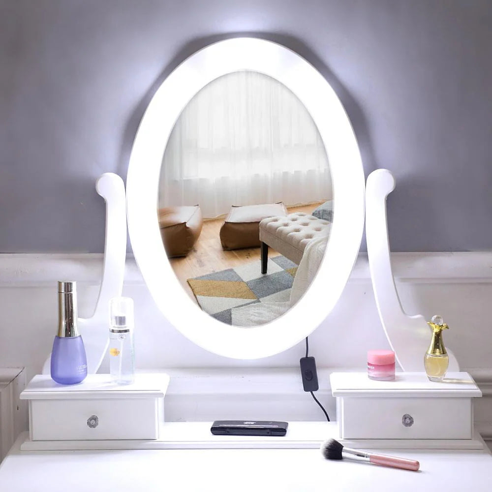 Ktaxon Vanity Table Set With 10 LED Lights, 5 Drawers, Cushioned Stool, White