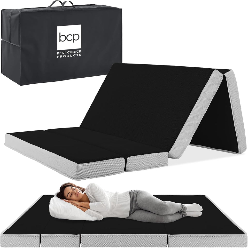 Best Choice Products Queen-Size 4in Tri-Fold Foam Mattress With Carry Case - Grey