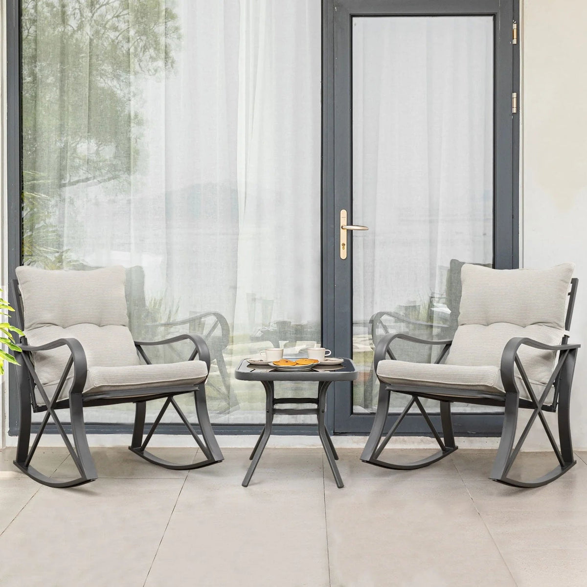COSIEST 3 Piece Metal Bistro Set With Beige Cushions And Coffee Table