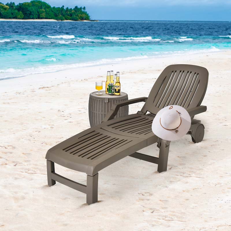 Folding Plastic Outdoor Chaise Lounge Chair With Wheels, 6-Position, 65.5 x 29 x 16.5-37 in, 330 lbs