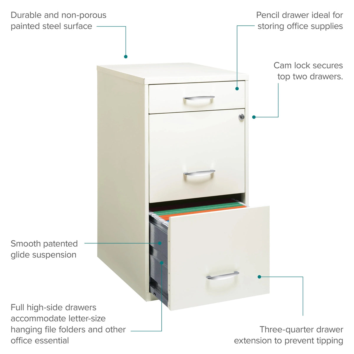 Space Solutions 3 Drawer Letter Width Vertical File Cabinet With Pencil Drawer, White