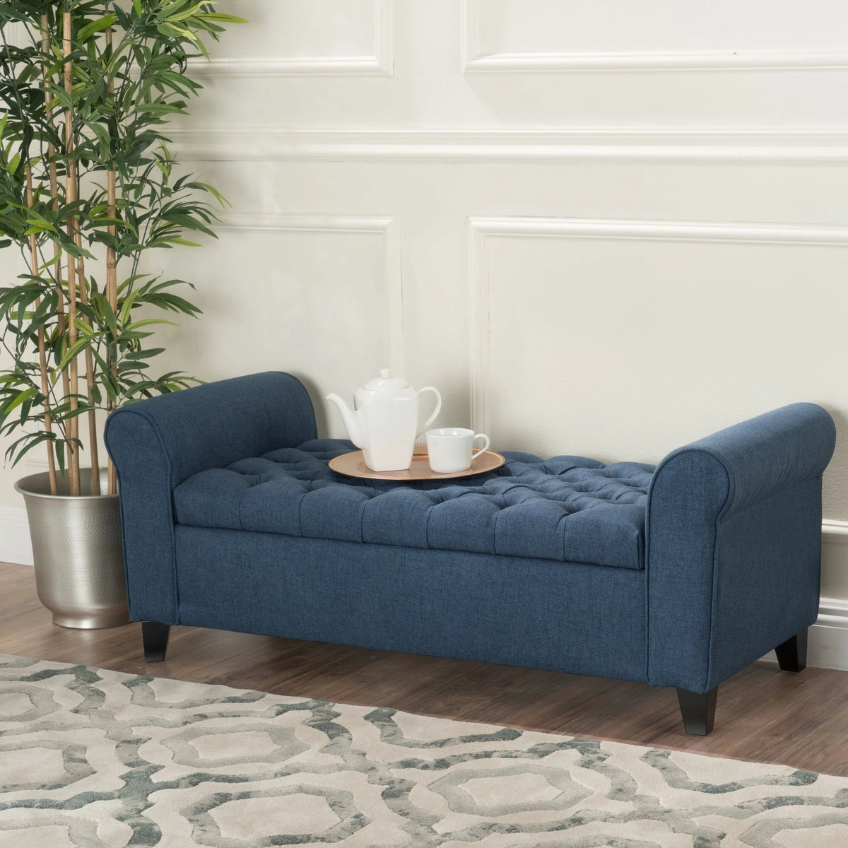 Noble House Amanda Dark Blue Fabric Armed Storage Bench