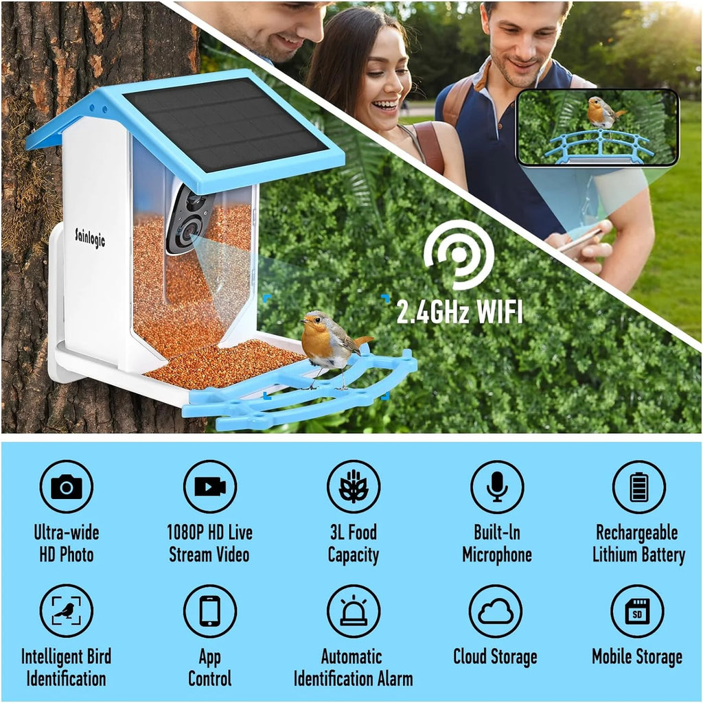 sainlogic Smart Bird Feeder With 1080P Camera, 2.5L Capacity, Light Blue - Smart Bird Feeder With Camera-1