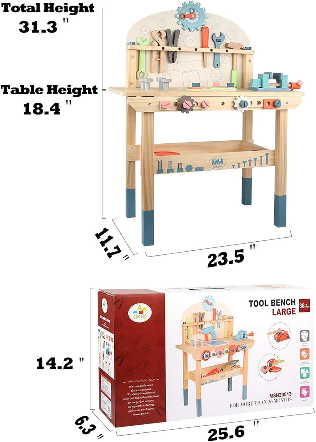 Toywoo Children's Wooden Tool Workbench With Tool Set, 23.5 x 11.7 x 31.3 in - WQSJ-ETXLT-SBN01