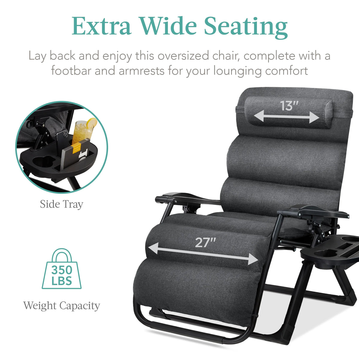 Best Choice Products Oversized Zero Gravity Folding Recliner With Removable Cushion And Side Tray - Fossil Gray