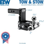 B&W Tow & Stow Adjustable Tri-Ball Trailer Hitch Ball Mount, 2 in Receiver, 5 in Drop, 10,000 GTW - TS10048B