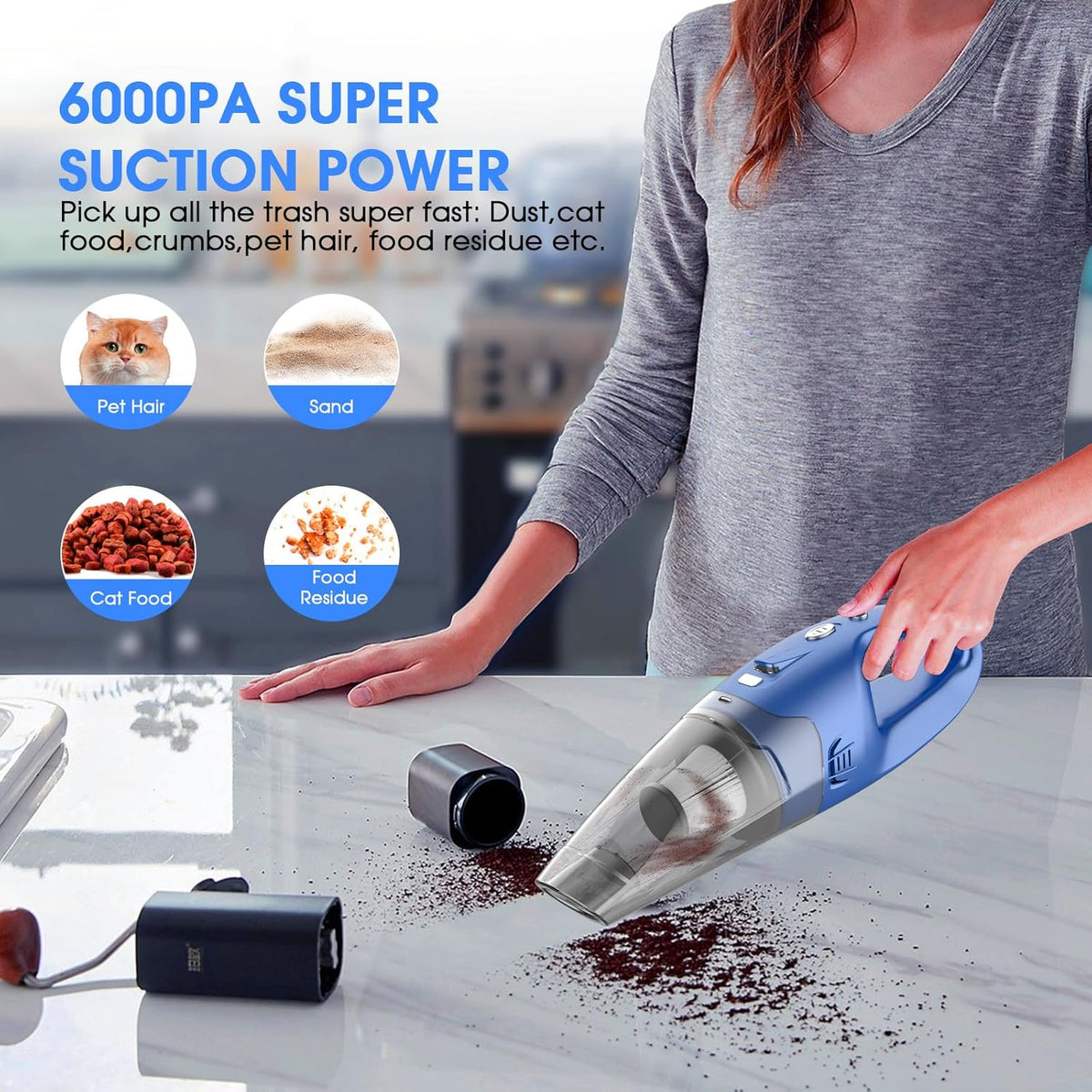 Cordless Rechargeable Handheld Vacuum, 6000Pa, 500ML, 20-25 Mins Runtime