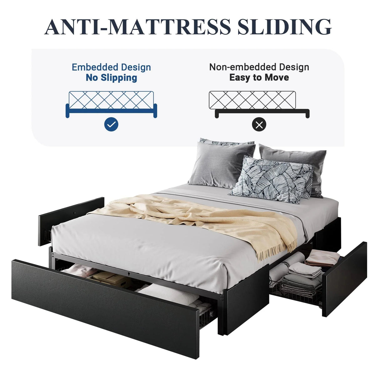 Allewie Queen Platform Bed Frame With 3 Storage Drawers