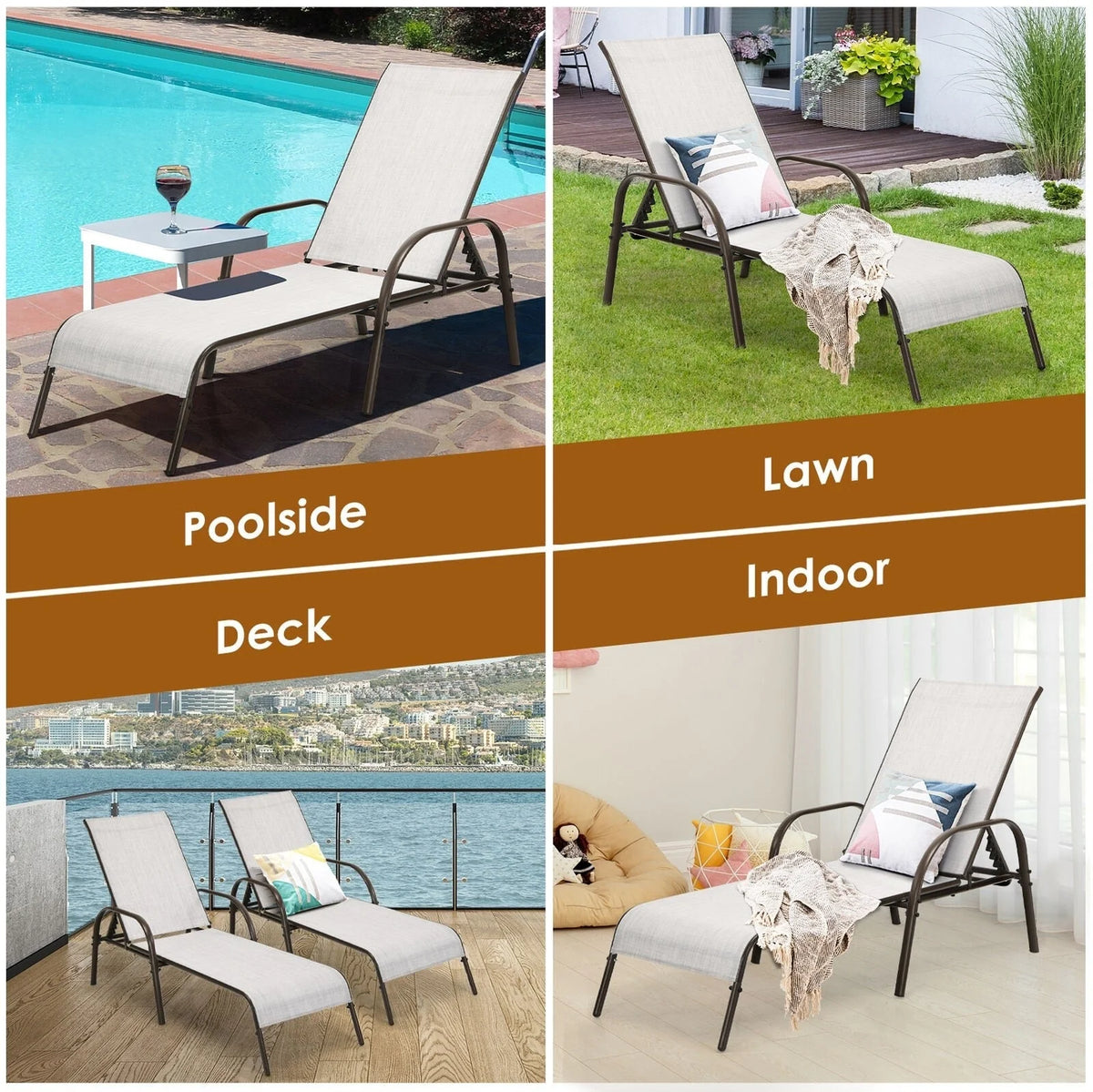 Fabric Folding Outdoor Chaise Lounge Chairs, 2 Pcs, 5 Position