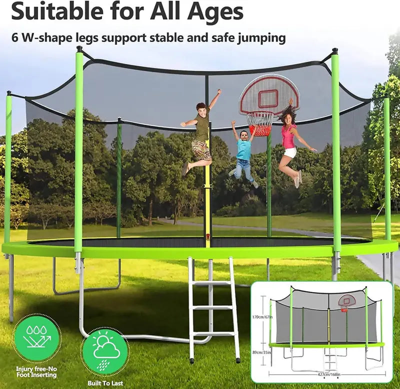 Trampoline With Enclosure Net And Adjustable Basketball Hoop - 8ft, 10ft, 12ft, 14ft, 15ft, 16ft