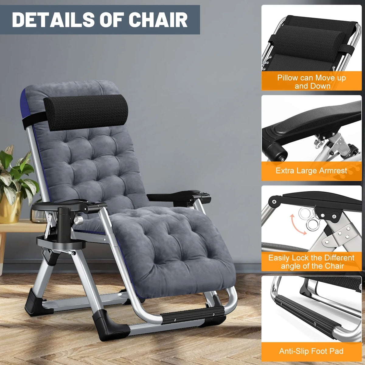 NAIZEA Zero Gravity Chair With Removable Cushion, Cup Holder, and Black Color