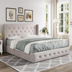 Queen Size Lift-Up Storage Bed With Wingback Headboard, Upholstered Platform Bed Frame With Hidden Storage