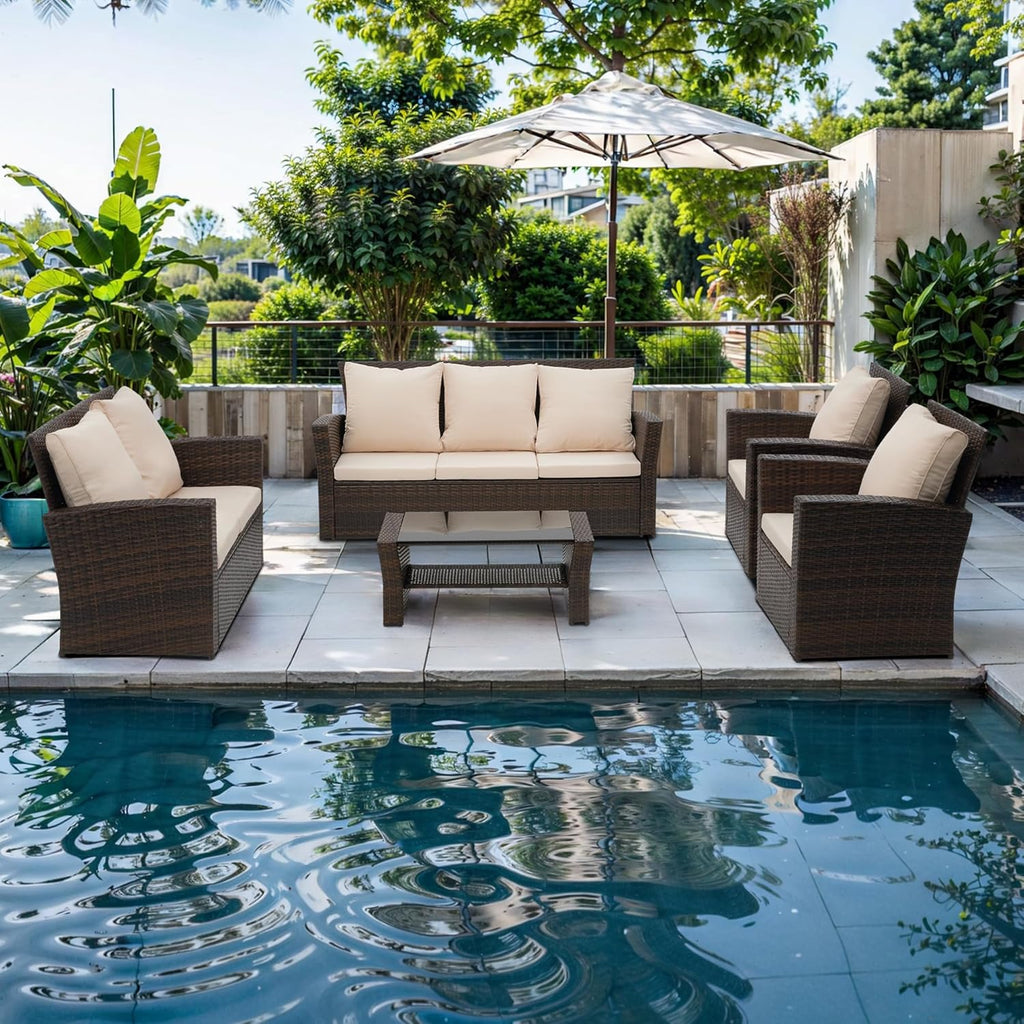 Wisteria Lane 4-Piece Outdoor Wicker Patio Conversation Set With Blue Cushions