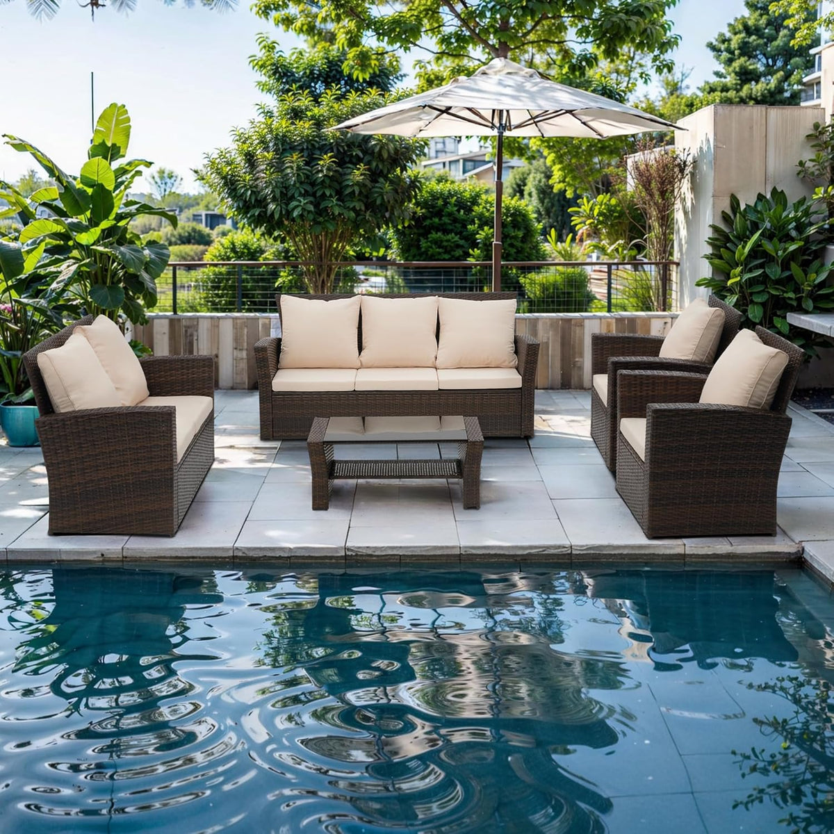 Wisteria Lane 4-Piece Outdoor Wicker Patio Conversation Set With Blue Cushions