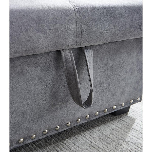 Reversible Gray Velvet Sleeper Sectional Sofa, 90.5 in, 3 Seat, L-Shape With Storage