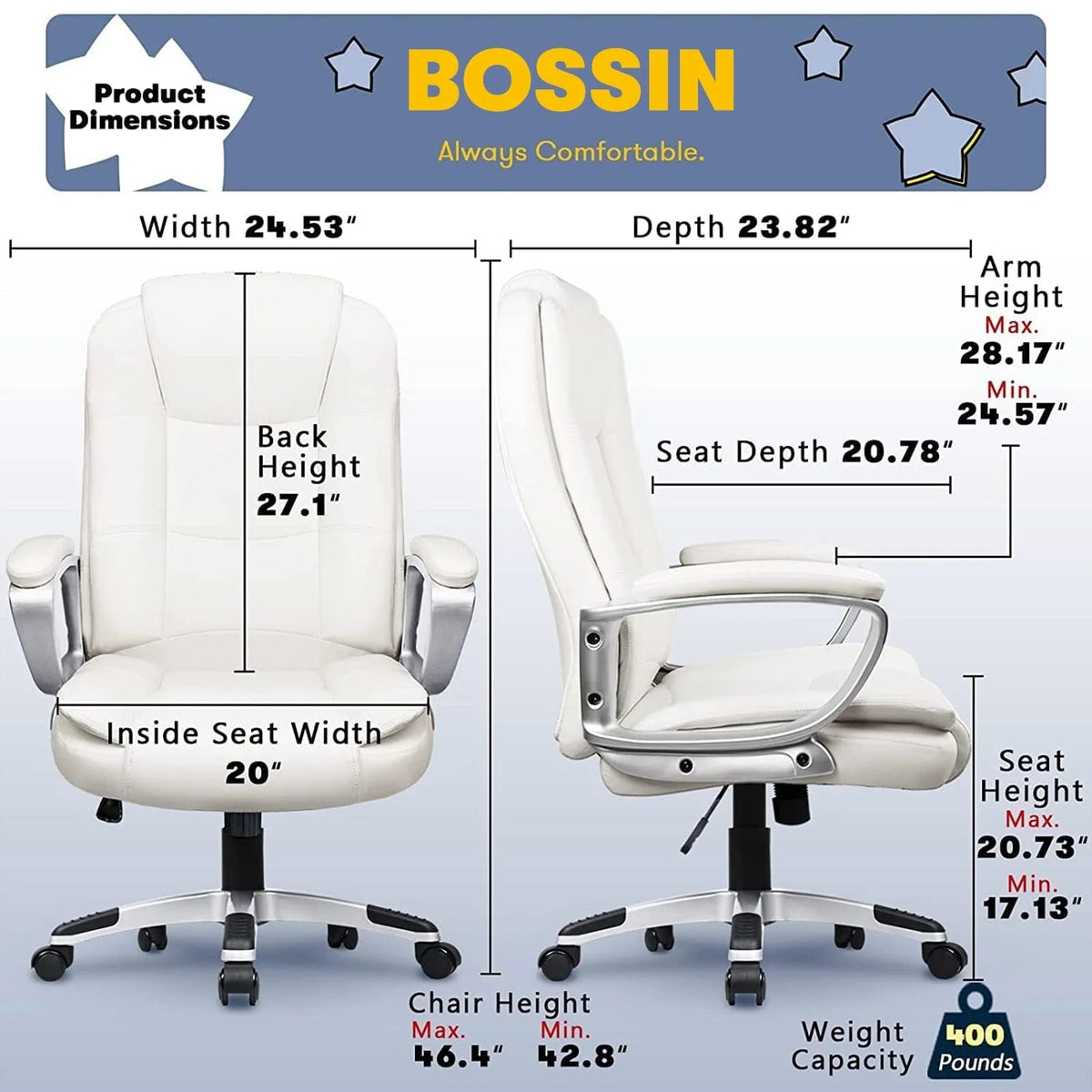 High-Back Ergonomic Leather Executive Office Chair, 400 lb Capacity