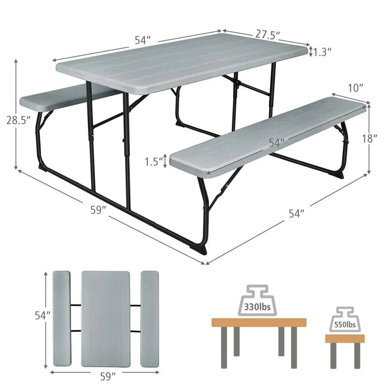 4-Person Folding Picnic Table Bench Set, 59 in x 54 in x 28.5 in - Steel And HDPE