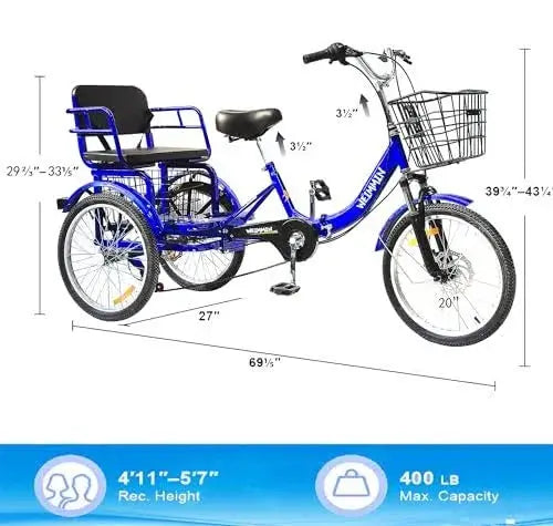 WEIMMIN Adult Folding Tricycle, 7-Speed, 20-Inch Wheels, Star-Striped Blue Frame