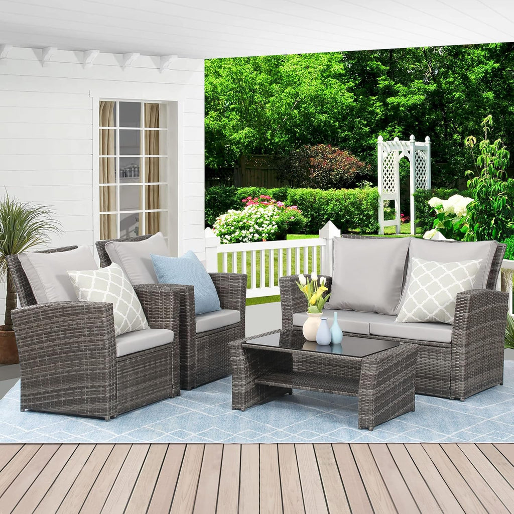 Wisteria Lane 4-Piece Outdoor Wicker Patio Conversation Set With Blue Cushions