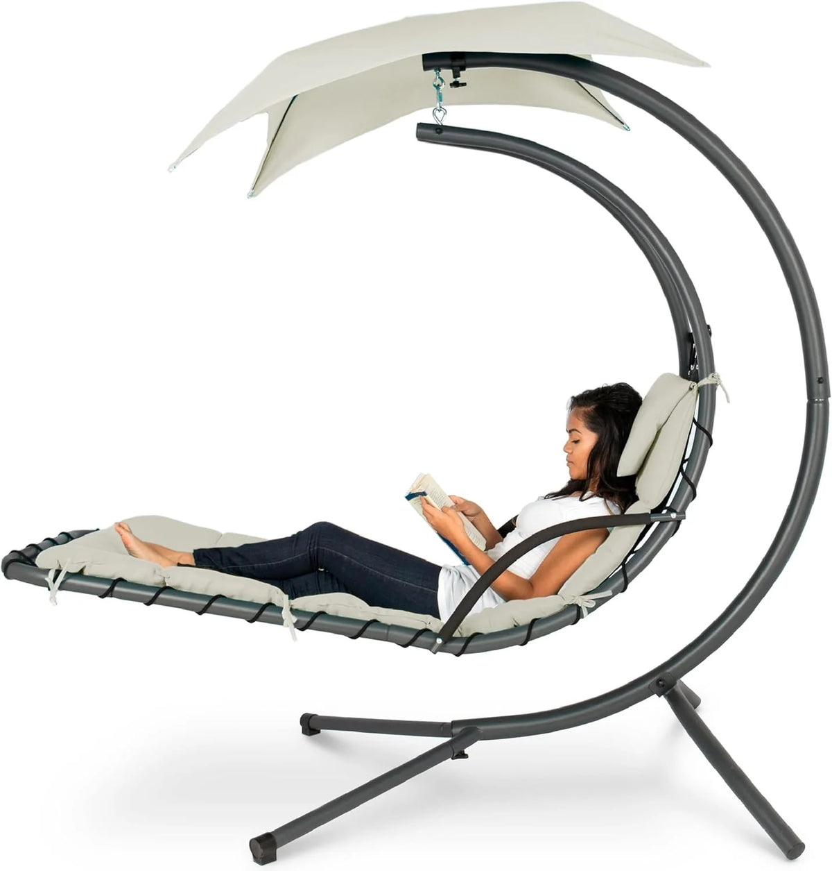 Best Choice Products Outdoor Hanging Steel Chaise Lounge Chair With Canopy, Charcoal Gray - SKY5871
