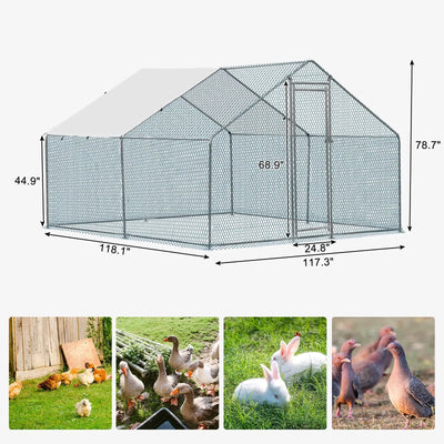 10 x 10 ft Metal Chicken Coop Walk-In Poultry Cage With Waterproof Cover