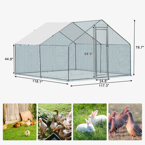 10 x 10 ft Metal Chicken Coop Walk-In Poultry Cage With Waterproof Cover