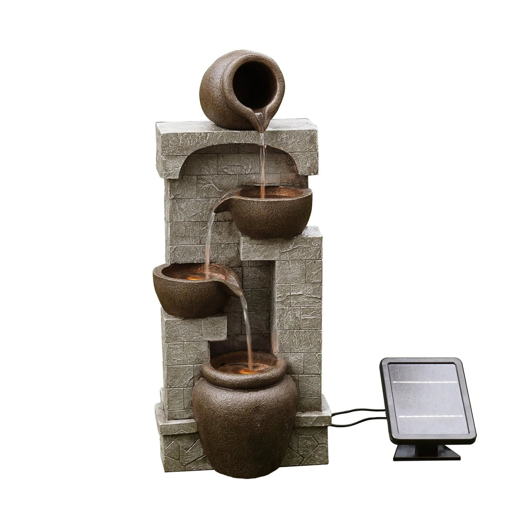 Teamson Home Solar Powered 4-Tier Cascading Bowls Garden Water Fountain With LED Lights, Brown, 28.5 in