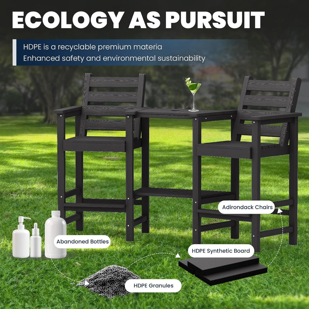 PLUUV Tall Adirondack Bar Chairs Set of 2, All-Weather HDPE - Removable Double Connecting Trays