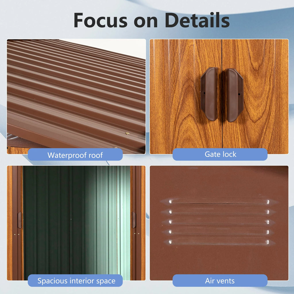 Outdoor Metal Storage Shed 6.36 x 5.7ft With Floor Frame, Sliding Doors, Brown & Wood Grain, No Window