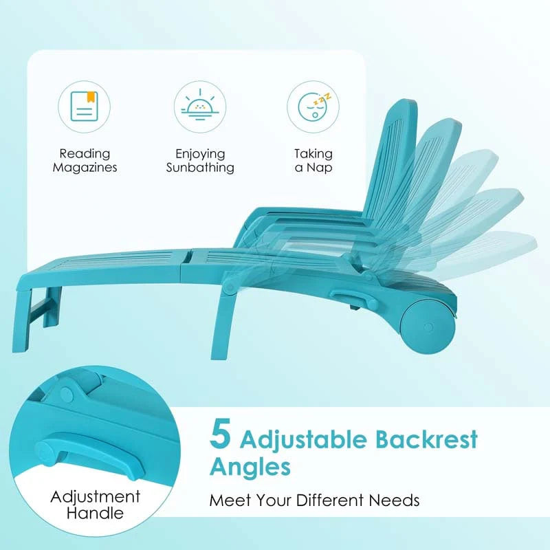 Folding Plastic Outdoor Chaise Lounge Chair With Wheels, 6-Position, 65.5 x 29 x 16.5-37 in, 330 lbs