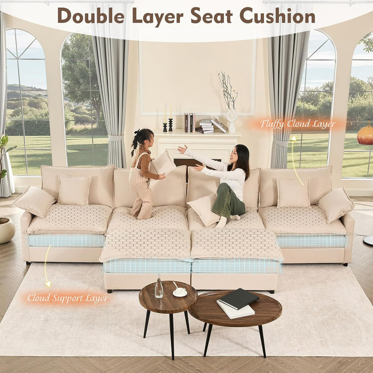 108 Inch U Shape Sectional Sofa With Removable Footstool