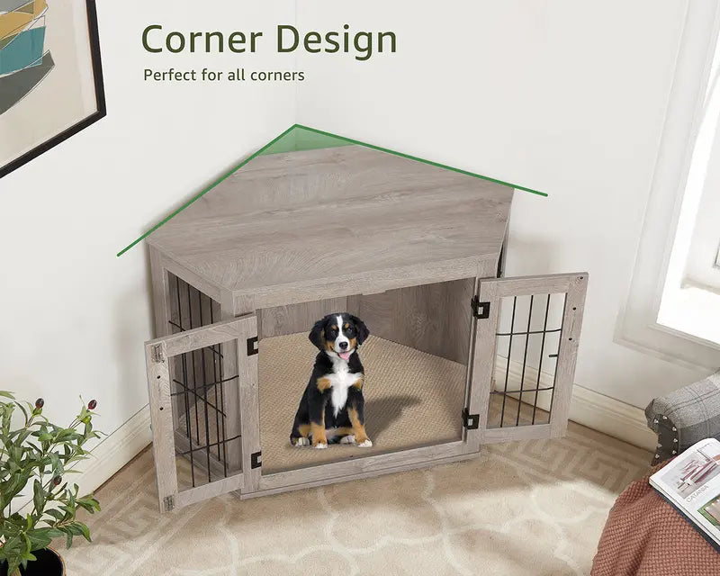 Unipaws Corner Wooden Dog Crate Furniture, Medium, Weathered Gray - Indoor Pet Kennel End Table With Cushion