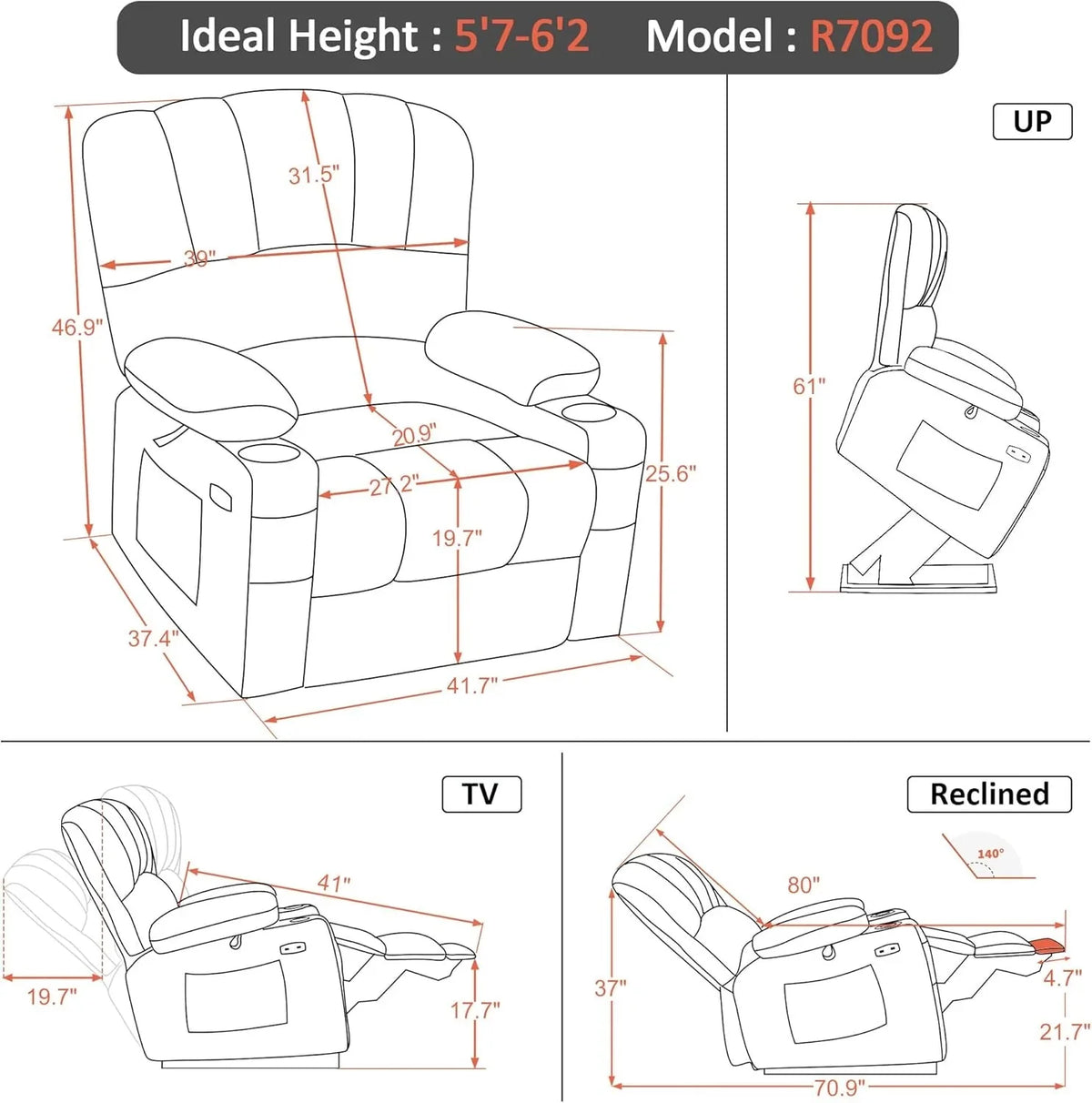 Heated Lift Recliner for Seniors with USB and Cup Holders
