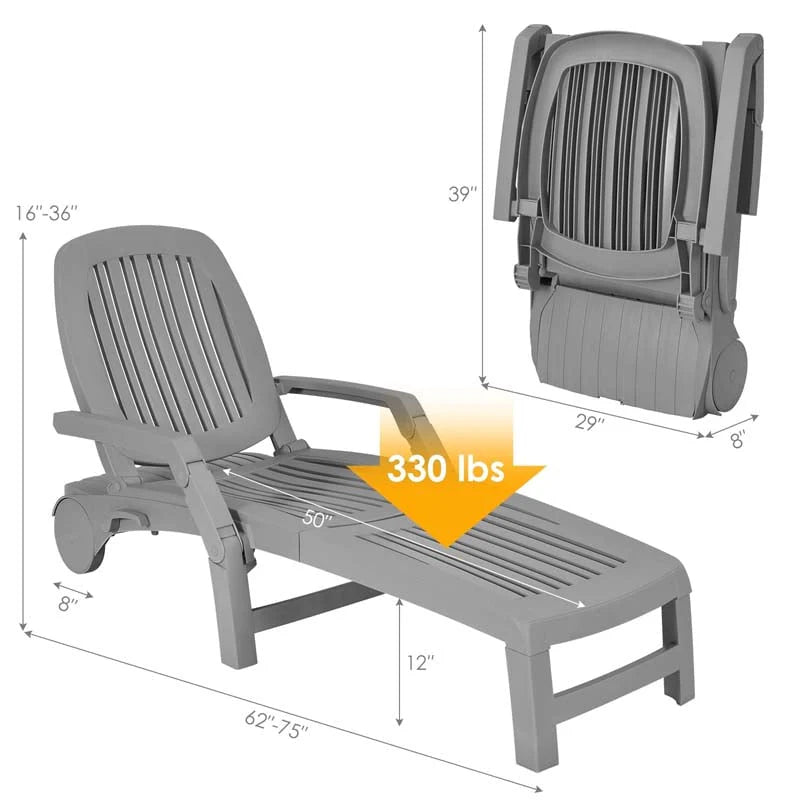 Folding Plastic Outdoor Chaise Lounge Chair With Wheels, 6-Position, 65.5 x 29 x 16.5-37 in, 330 lbs