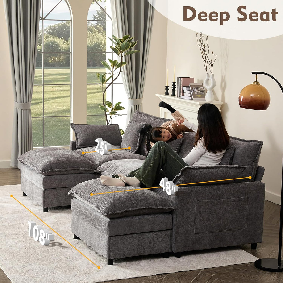 108 Inch U Shape Sectional Sofa With Removable Footstool