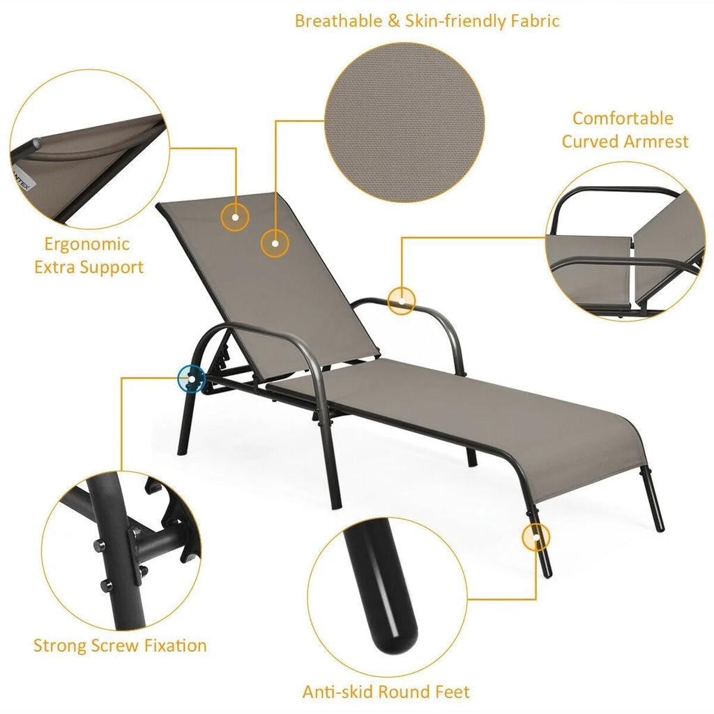 Fabric Folding Outdoor Chaise Lounge Chairs, 2 Pcs, 5 Position