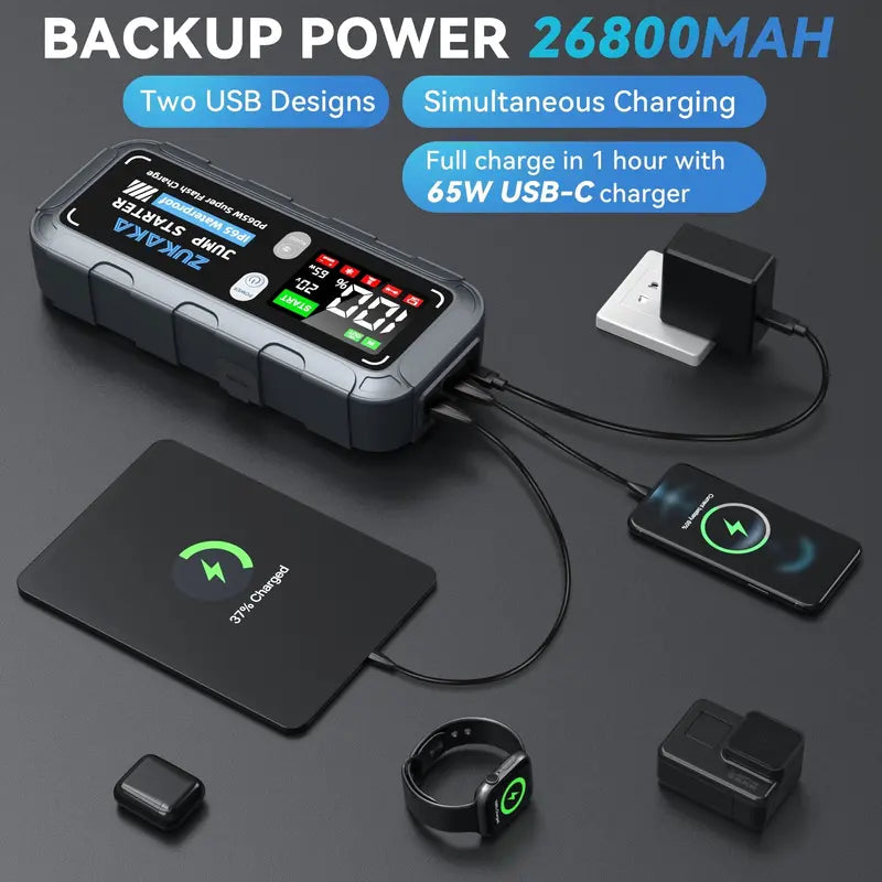 ZUKAKA Portable Car Jump Starter 6000A Peak 12V, 26800mAh - LED Light