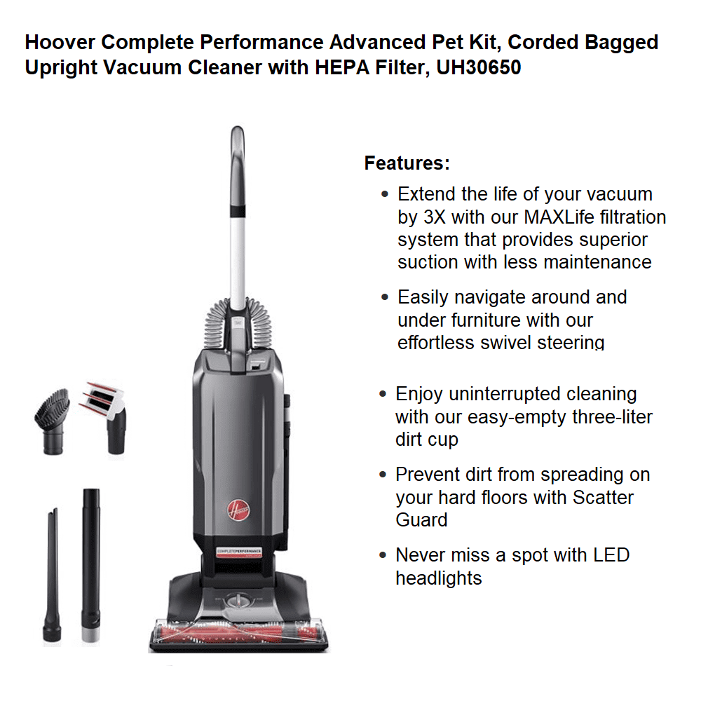 Hoover Complete Performance Advanced Pet Friendly Bagged Upright Vacuum, Grey - UH30650PC
