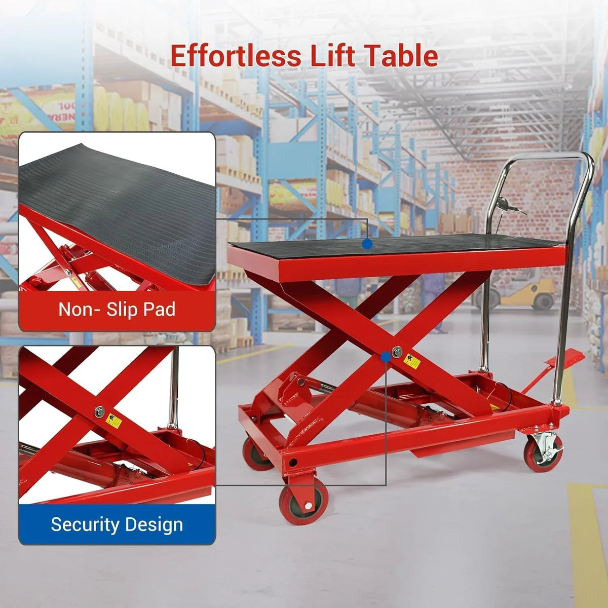 Hydraulic Double Scissor Lift Table Cart, 500 lbs, 30 inch Lifting Height