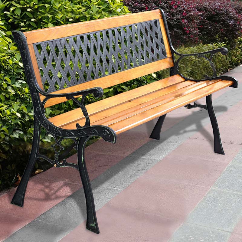 Cast Iron Outdoor Garden Bench, 49.5 x 20.5 x 29 in, Black + Natural