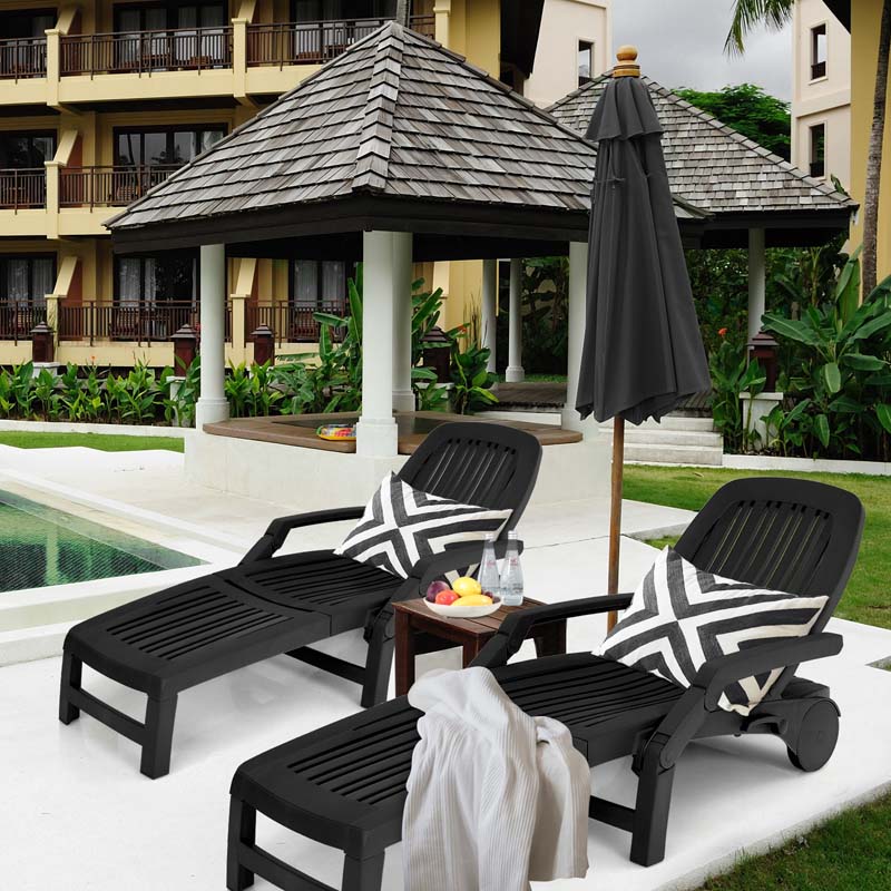 Folding Plastic Outdoor Chaise Lounge Chair With Wheels, 6-Position, 65.5 x 29 x 16.5-37 in, 330 lbs