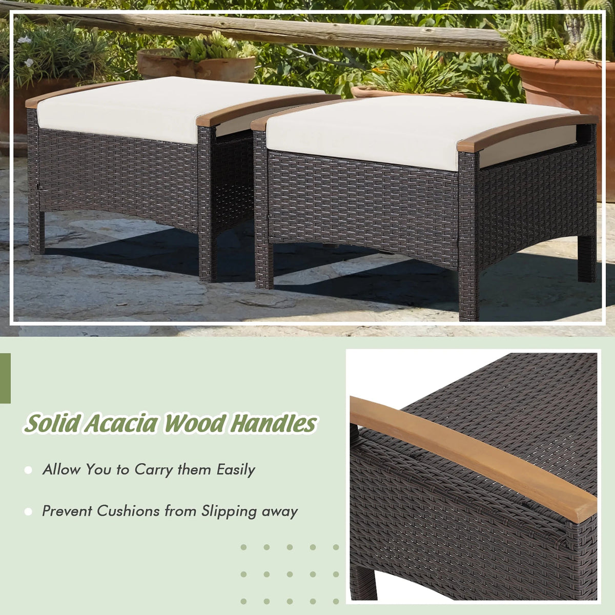 Costway Set Of 2 Patio Rattan Ottoman Footrests With Cushions, Mix Brown/Beige, 25 x 20 x 16 in