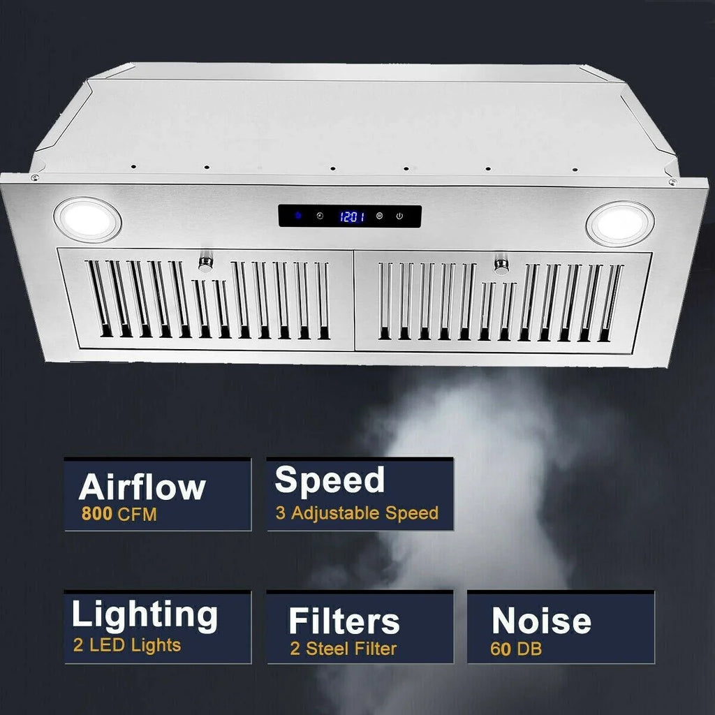 30 Inch Built-In Range Hood 800 CFM 3-Speed Touch Control