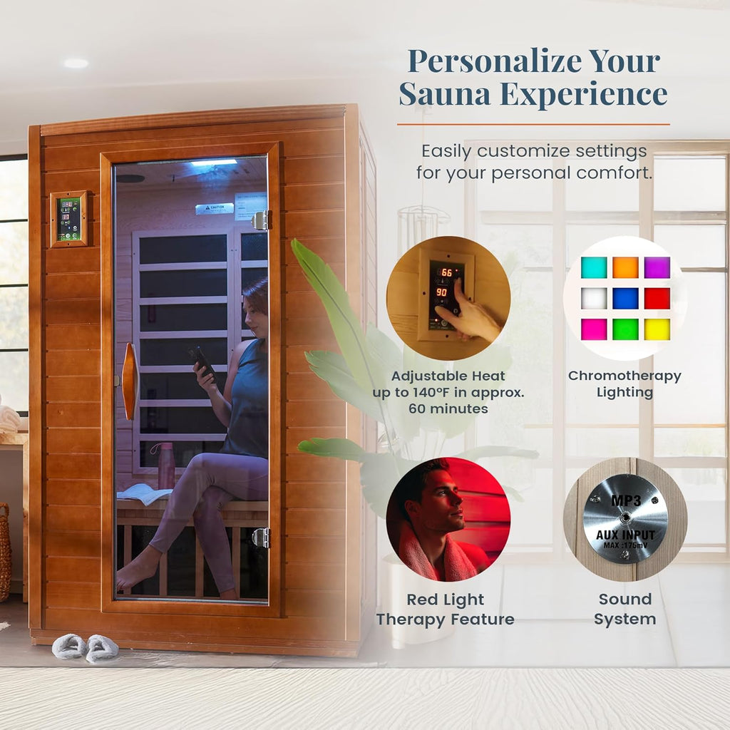 DYNAMIC SAUNAS 2-Person Low EMF Far Infrared Sauna With Red Light Therapy And Bluetooth Speakers, Canadian Hemlock - Andora