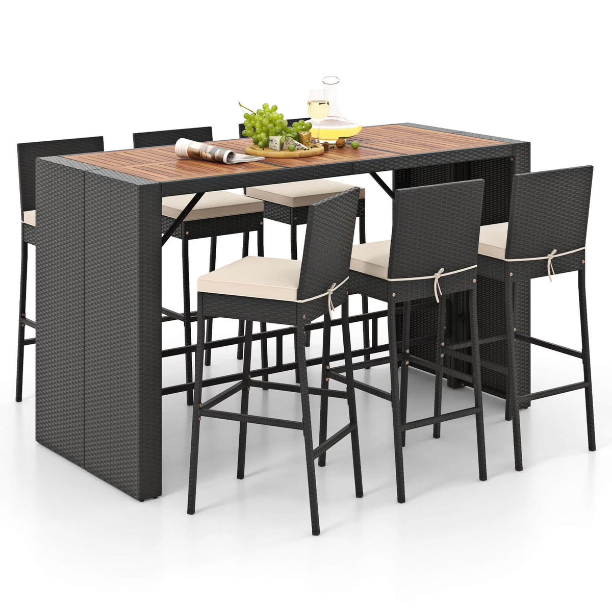 Costway 7-Piece Outdoor Patio Bar Set With Acacia Wood Tabletop, Black And Off White - 73in x 31.5in x 43.5in